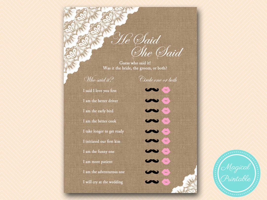 Burlap He Said She Said Bridal Shower Game, Who Said It Game, Burlap