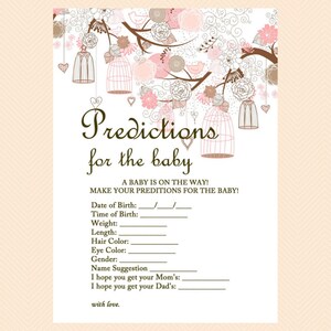 Carte di previsione per bambini, Carte di previsioni per il bambino stampabili, Giochi per baby shower in gabbia per uccelli stampabili, Giochi floreali, Rosa per baby shower TLC18