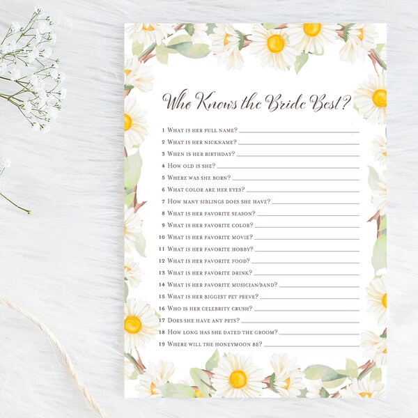 Who knows the Bride best, how well do you know bride, Daisy bridal shower, Daisy theme, Spring bridal shower, daisy wedding shower, BS691