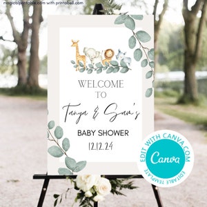 Bearbeitbares Safari-Willkommensschild, Safari-Geburtstag-Willkommensschild, Safari-Tiere, Safari-Babypartyschild, Safari-Babypartydekor, TLC747 Leinwand