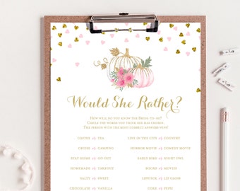 Would She rather bridal shower game, Pink and Gold Pumpkin Who knows the Bride Best, Fall Bridal Shower Game, Bridal Shower Download BS680
