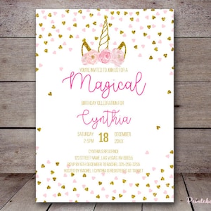 DIY 5x7 Editable Pink and Gold Unicorn Invitation, Unicorn Invitation, Unicorn Baby Shower, Pink Unicorn Birthday BS556 TLC556 BP556 ds image 1