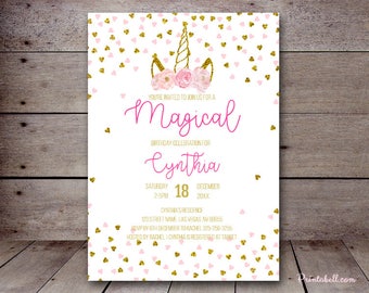 DIY 5x7" Editable Pink and Gold Unicorn Invitation, Unicorn Invitation, Unicorn Baby Shower, Pink Unicorn Birthday BS556 TLC556 BP556 ds