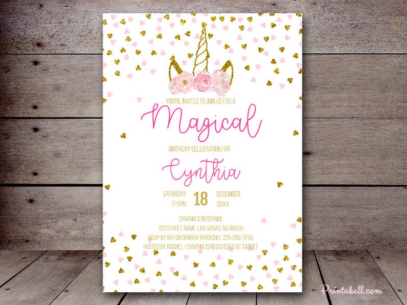 DIY 5x7 Editable Pink and Gold Unicorn Invitation, Unicorn Invitation, Unicorn Baby Shower, Pink Unicorn Birthday BS556 TLC556 BP556 ds image 1