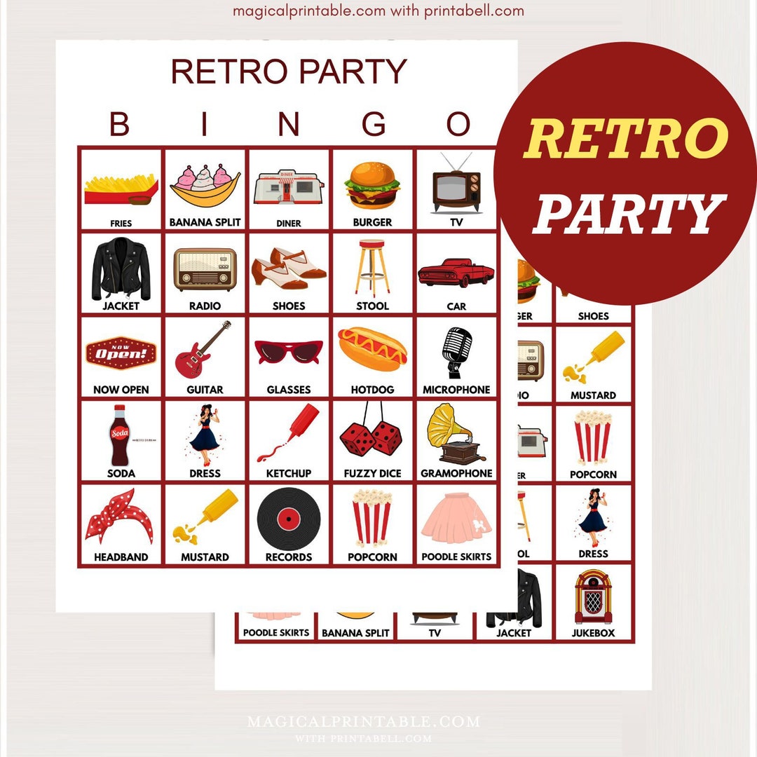 100x Retro Bingo Cards, Printable Retro Party Bingo, 50's Party Bingo