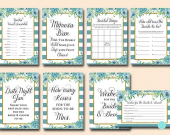 Teal and Gold Bridal Shower Games & Signs Package, Instant Download, teal wishes for bride and groom, teal mimosa bar, teal bingo, bs588