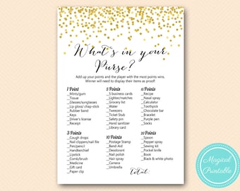 gold whats in your purse, purse game, Baby shower purse, bridal shower purse game, Gold Bridal Shower whats in your purse game tlc148 bs46