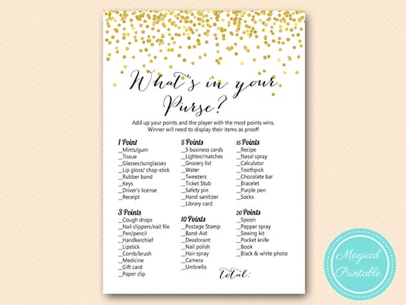 Amazon.com: What's in Your Purse (Pack of 50) - Bridal Shower Games -  Wedding Shower Games - Bachelorette Party Games - Gold Confetti