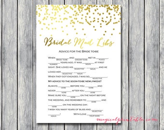 Bridal Mad libs, bridal advice, advice for bride to be, Gold Confetti Bridal Shower, Gold foil Bachelorette, Wedding Shower BS87