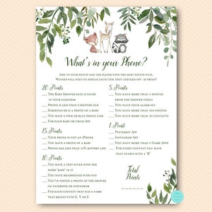 Greenery Woodland Baby Shower Games, whats in your phone game, whats in your phone baby Shower, cellphone game, woodland animals TLC653