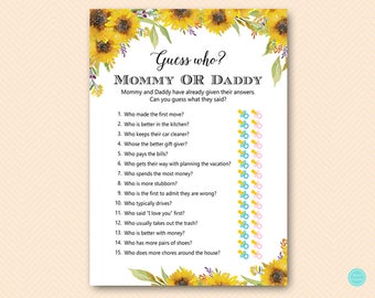 Summer Sunflower Mommy or Daddy Game, Guess who baby shower game, Printable Baby Shower Games, Who knows Mommy and Daddy Best TLC537