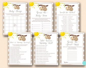 May include: A set of printable baby shower game cards featuring a sloth design. The games include Baby Bingo, Guess the Baby Item, Would She Rather, What is Mommy Wearing, Who Knows Mommy Best, and Guess the Sweet Mess.