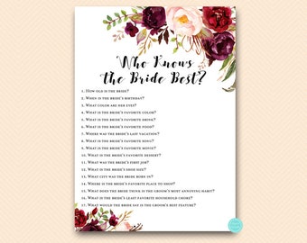 Burgundy Floral Who knows the Bride Best Game Printable, Burgundy Floral Bridal Shower Game, Bridal Shower Games Instant Download BS649