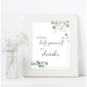 Help yourself to drinks, drink sign, food table, Greenery bridal shower Decoration, Greenery, Eucalyptus, BS699 TLC699