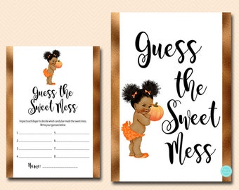 Pumpkin Guess the Sweet Mess, Dirty Diaper, Chocolate Bar Game, Baby Shower Game, pumpkin baby, african american, dark skin baby, TLC678