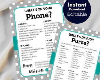 What's in your purse game, Editable purse game for party, Purse hunt, purse game baby shower, purse raid, Polka Dots,  TLC34 canva