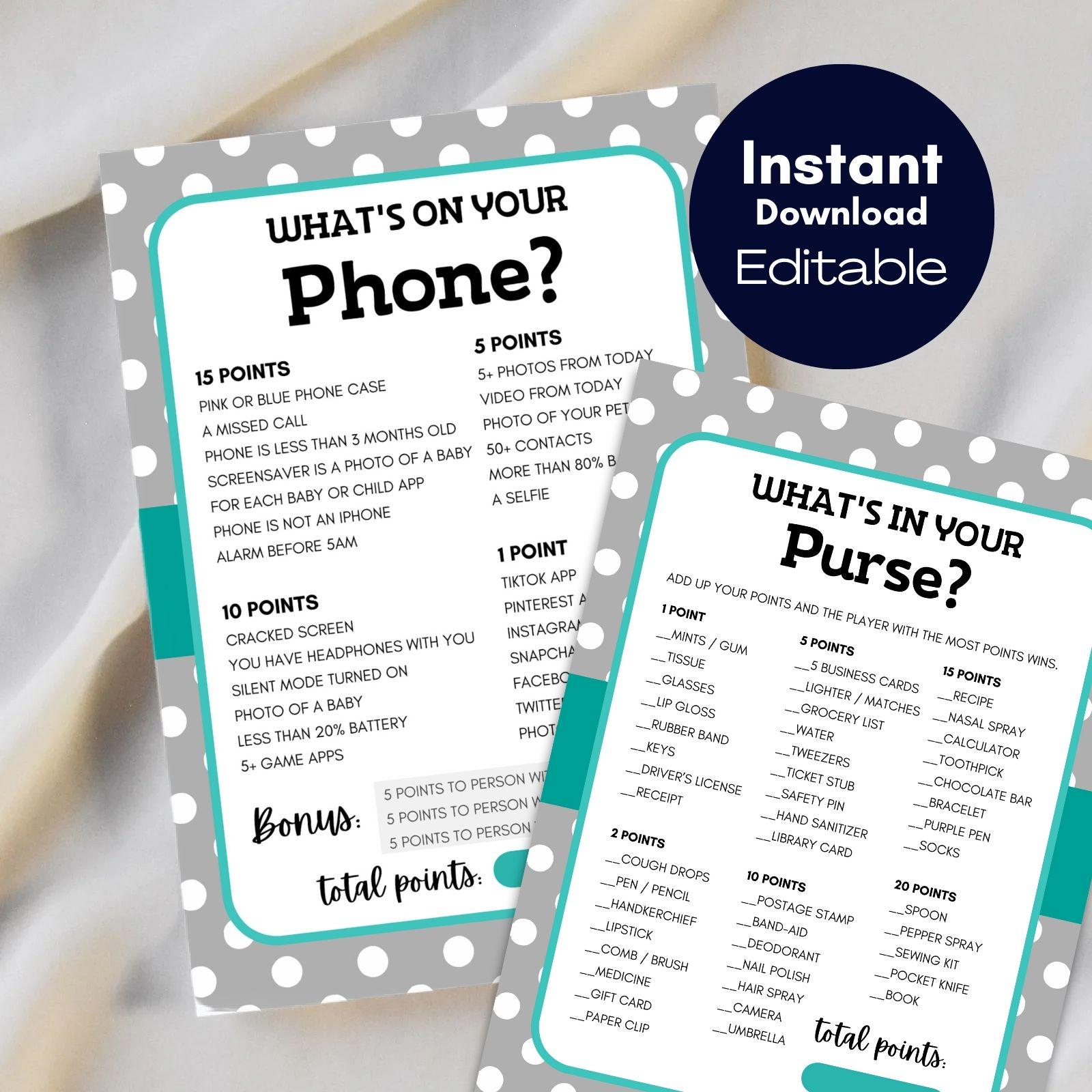 What's in your purse game, purse game bridal shower, Purse hunt, purse game baby shower, purse raid, Polka Dots game, party game TLC34 canva