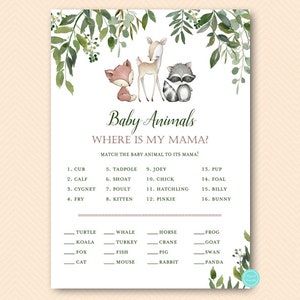 Greenery Wald, Benennen Sie das Babytier, wo ist meine Mama Tierspiel, erraten Sie die Babytiernamen, Wald Baby Shower TLC653