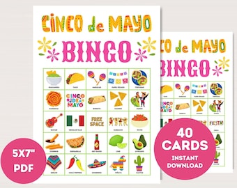 May include: A printable Cinco de Mayo Bingo card game with 40 cards. The card features a green and white grid with images of Mexican food, drinks, and cultural items. The text "Cinco de Mayo Bingo" is at the top of the card in yellow and red letters.
