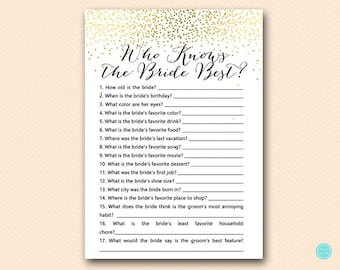 Gold Bridal Shower Games, Who knows the Bride Best Game Printable, Bridal Shower Game, Bridal Shower Games Instant Download BS472B