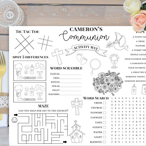 Custom Name Communion Kids Activity Mat Coloring, Communion Coloring, Communion Games for kids, Printable coloring sheet, Kids table, TLC662