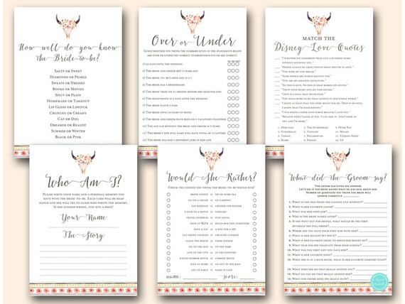 Boho Bridal Shower Games Package, Tribal bridal shower, over or under, bohemian bridal, who knows bride, who am i, would she rather BS566 Il_570xn