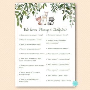 Woodland Baby Shower Games, Who knows Mommy and Daddy Best, Who Knows mommy best game, Coed Baby shower Game,  Greenery Woodland, TLC653
