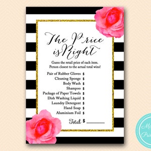 price is right bridal shower game, Black Stripes, Watercolor Floral Bridal Shower Games, Gold Bridal Shower Games, Wedding Shower Game BS158