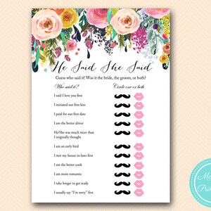 he said she said bridal game, who said it, Chic Floral Bridal Shower Games, Chic, Flowers, Wedding Shower Games BS138