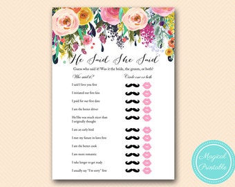 he said she said bridal game, who said it, Painted Floral Bridal Shower Games, shabby Flowers, Wedding Shower Games BS138