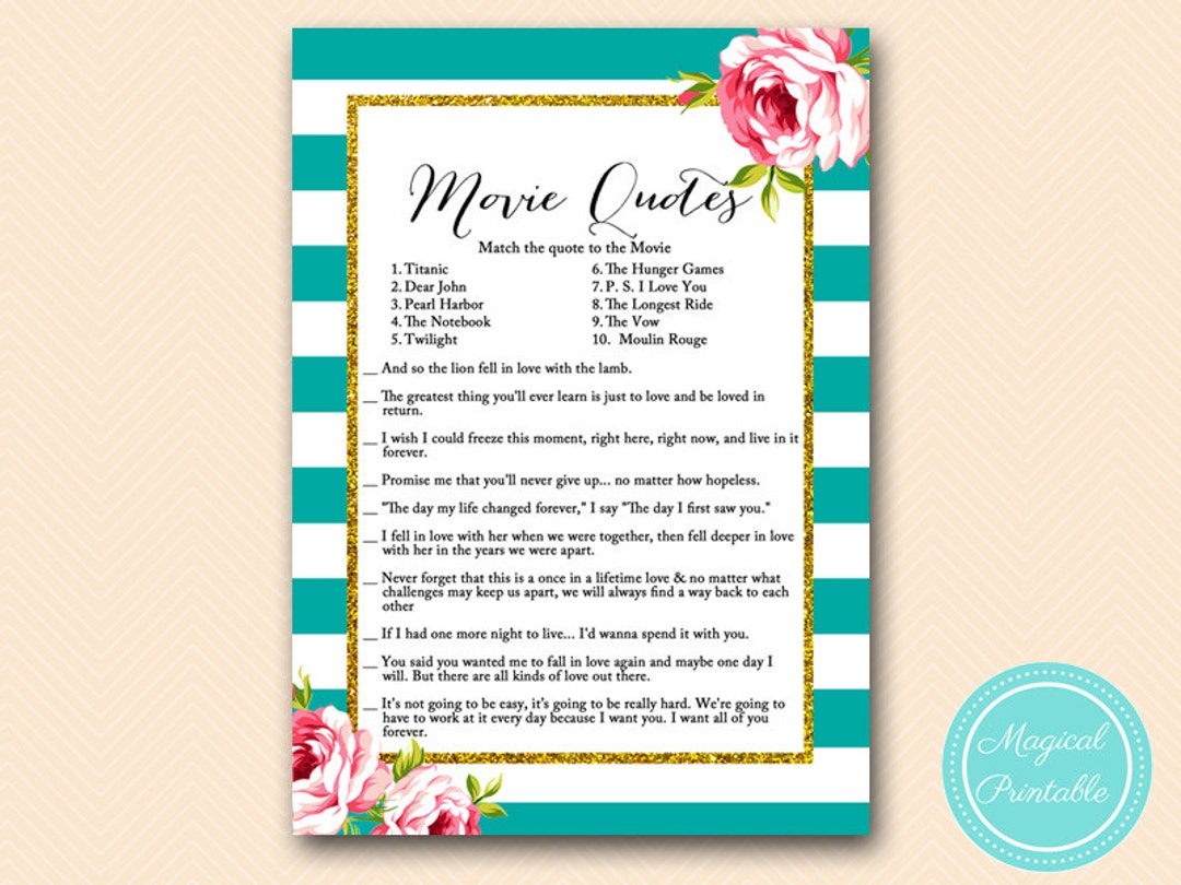 Movie Quotes Game, Movie Love Quotes Game, Famous Quotes, Floral Teal