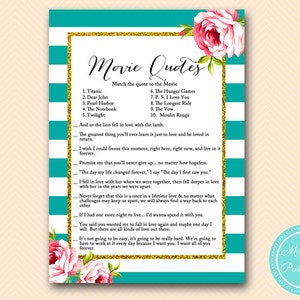 Movie Quotes Game, Movie love quotes game, famous quotes, Floral Teal Bridal Shower Games,Unique Bridal Shower Games, Wedding Shower BS13