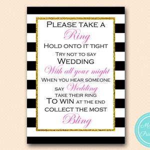 Don&#39;t say bride, don&#39;t say wedding, grab a ring game, Hot pink bridal shower, Stripes Gold Bridal Shower, Wedding Shower Games BS157