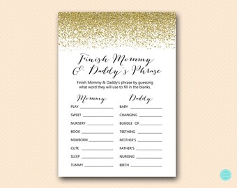 Finish Mommy and Daddy's Phrase, Finish the phrase Game Printable, Coed Baby Shower Game, Gold Baby Shower Games, Coed baby shower TLC87
