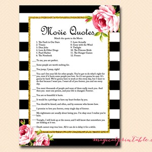 Movie Quotes Game, Movie love quotes game, famous quotes, Black White Floral Bridal Shower Games, Unique Bridal Shower Games, Wedding BS10