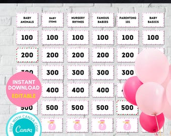 Editable Baby Shower Jeopardy Game, PDF, Baby Girl Game, Baby Shower Game for Girl, Jeopardy Game, Baby Shower Game, Download,TLC796 canva