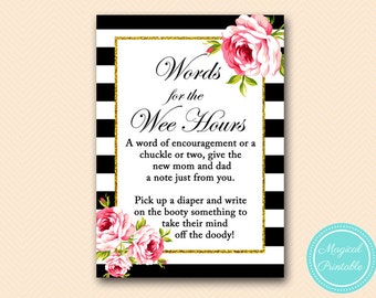 Diaper Thoughts, Late night diapers, Write a message on diaper, Words for wee hours, Black Stripes, Gold Baby Shower Printable TLC04