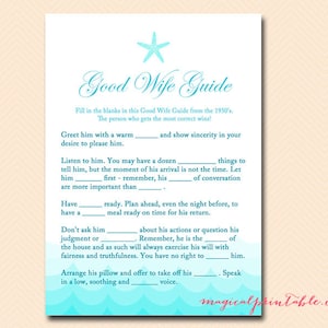 How to be a good wife, 1950 good wife guide, Nautical, Starfish, Beach Theme Bridal Shower Games, Bachelorette Games, Wedding Shower BS28