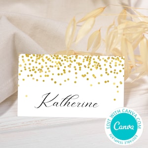 Editable Gold Confetti Place cards labels, name cards, Printable Gold confetti food labes, Printables toppers, BS46 tlc148 BP46 canva