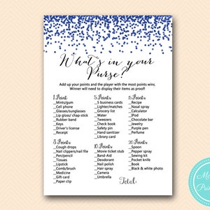May include: A printable game card with a blue confetti background. The card has the title "What's in Your Purse?" and lists items with points assigned to each. The items include common purse contents like lip gloss, keys, and a cell phone.
