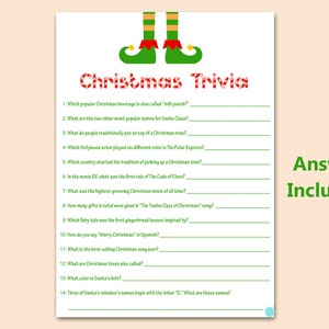 May include: A Christmas Trivia game sheet with a festive design, featuring elf feet and red and green text. The sheet poses 14 questions about Christmas traditions and movies. The words "Answer Included" are in green.