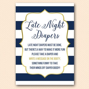 Navy Stripes Baby Shower Games, Diaper Thoughts, Late night diapers, Baby Shower Games, Baby Shower Activities, Baby Shower Printable TH74