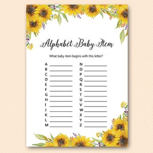 Summer Sunflower ABC Baby Item Game, A to Z Baby Item Game, Alphabet Baby Item, Baby Shower Games, Shower Games printable TLC537 image 1