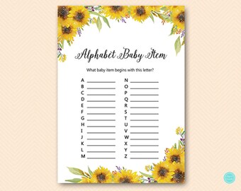 Summer Sunflower ABC Baby Item Game, A to Z Baby Item Game, Alphabet Baby Item, Baby Shower Games, Shower Games printable TLC537