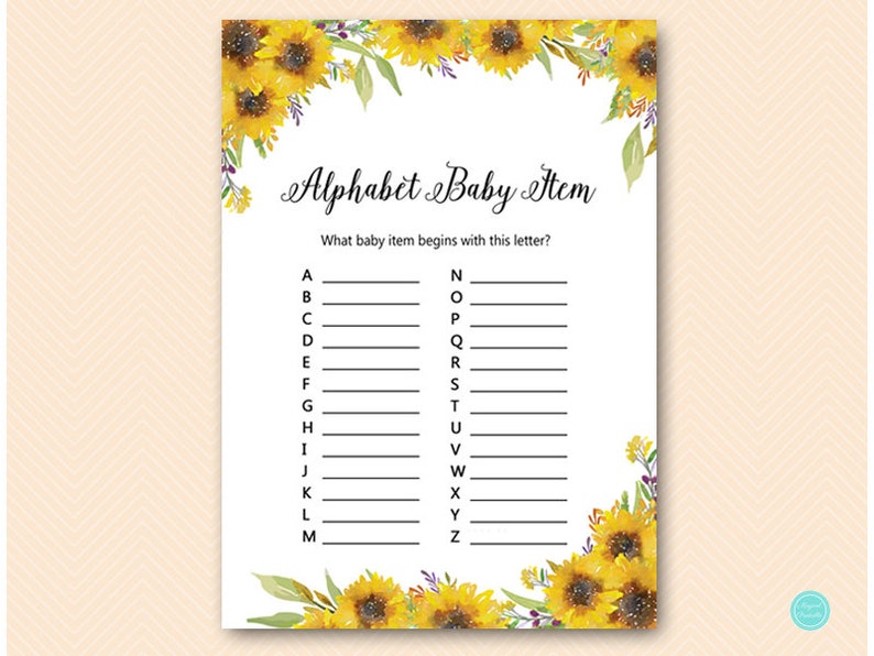 Summer Sunflower ABC Baby Item Game, A to Z Baby Item Game, Alphabet Baby Item, Baby Shower Games, Shower Games printable TLC537 image 1