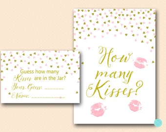 Gold How many kisses, guess how many kisses, how many kisses game, how many kisses in the jar, Bridal Shower Games Printable BS488 tlc488P