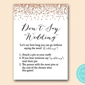 Don&#39;t say wedding, don&#39;t say a word, clothespin game printable, Rose Gold Confetti Bridal Shower, Bachelorette, Wedding Shower BS155