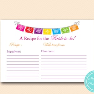 Recipe for the Bride to be card, Fiesta Bridal Shower Game, Luau Bridal Shower Activity, Bachelorette, Wedding Shower Games BS136 image 1