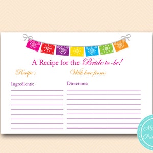 Recipe for the Bride to be card, Fiesta Bridal Shower Game, Luau Bridal Shower Activity, Bachelorette, Wedding Shower Games BS136 image 1