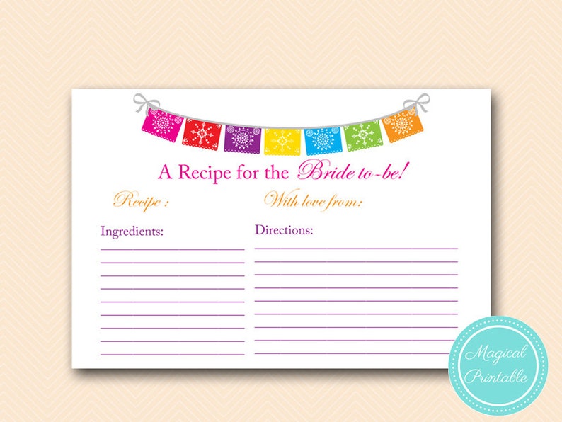 Recipe for the Bride to be card, Fiesta Bridal Shower Game, Luau Bridal Shower Activity, Bachelorette, Wedding Shower Games BS136 image 1